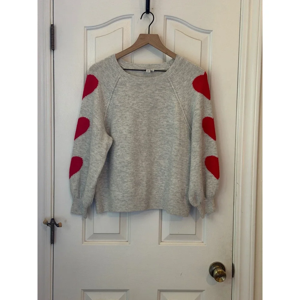 CeCe | Heart Print Raglan Sweater Medium Gray Valentine's Crewneck Pullover - Picture 3 of 11